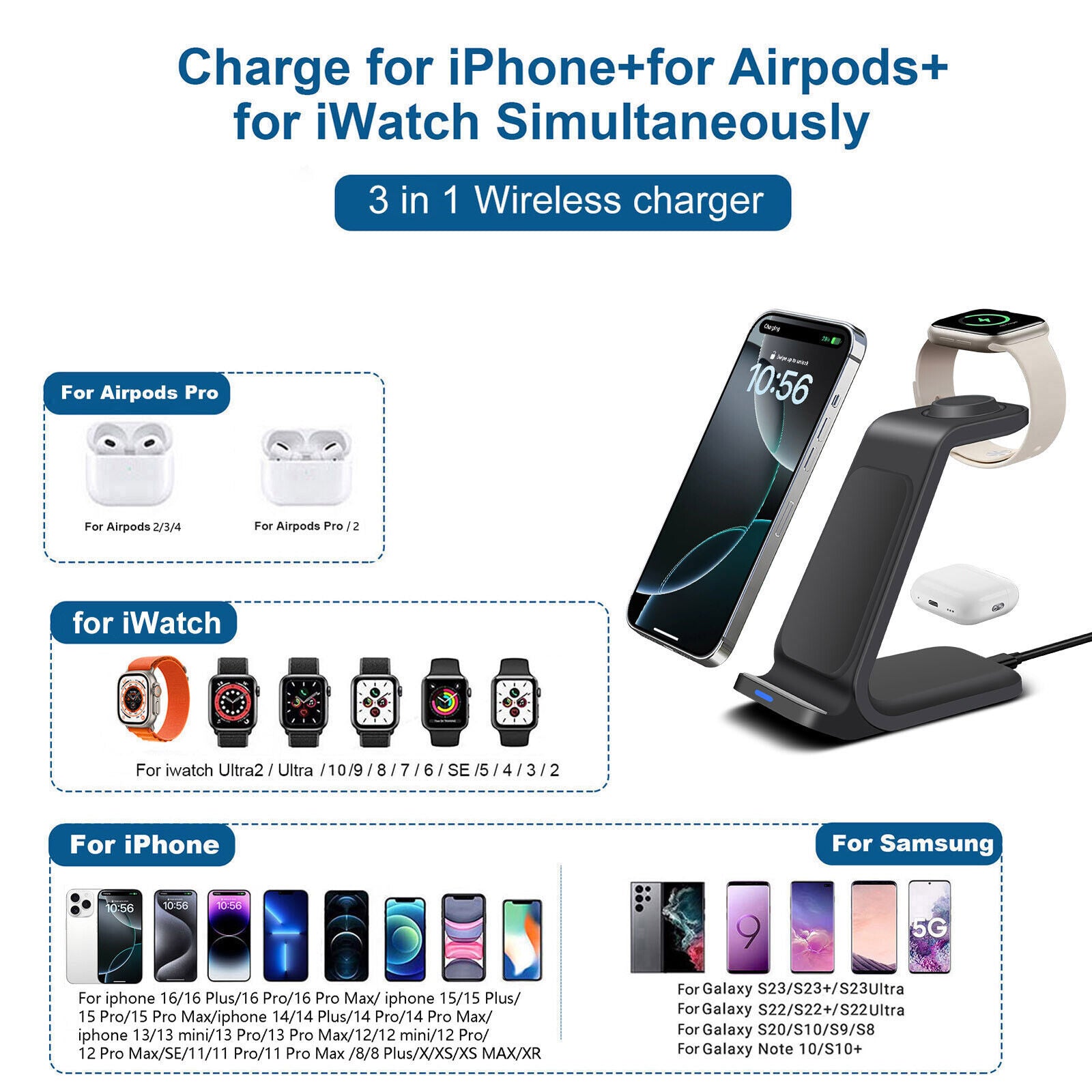 Wireless Charger Dock Charging Station 3 in 1 for Apple Watch Iphone 16 15 14 13