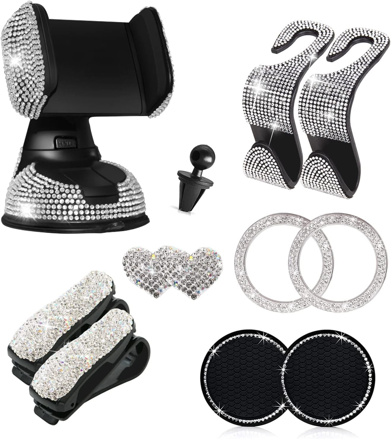 Bling Car Accessories Set 11 PCS,  Rhinestone Car Phone Holder Mount, Bling Seat Hooks, Bling Cup Holder Coasters, Glass Holders, Car Interior Accessories for Women, Girls