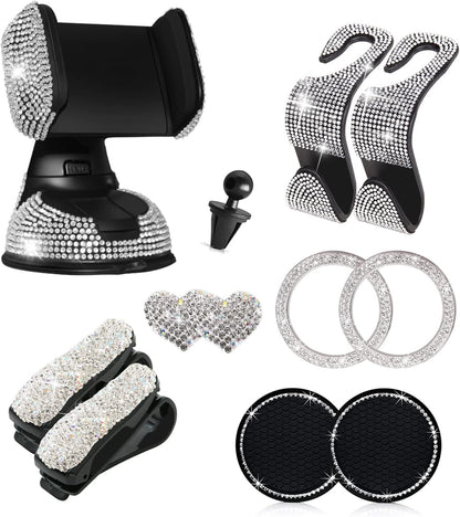 Bling Car Accessories Set 11 PCS,  Rhinestone Car Phone Holder Mount, Bling Seat Hooks, Bling Cup Holder Coasters, Glass Holders, Car Interior Accessories for Women, Girls