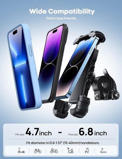 Bike Phone Holder Mount, Bicycle Mobile Holder -  Motorcycle Smartphone Handlebar Clamp, Scooter Phone Mount for Iphone 16/15/ 14/13/ 12/11 Series, Galaxy S9 S10, 4.7"- 6.8" Smartphones