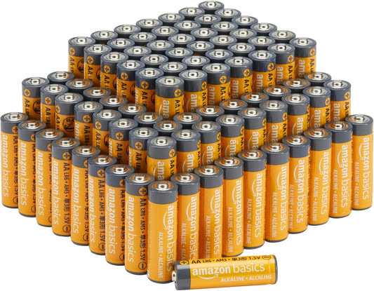 100 Pack AA High-Performance Alkaline Batteries, 10-Year Shelf Life, Easy to Open Value Pack