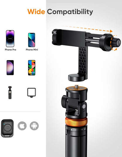 62" Phone Tripod, Tripod for Iphone & Selfie Stick Tripod with Remote, Extendable Phone Tripod Stand & Travel Tripod, Solidest Cell Phone Tripod Compatible with Iphone/Android