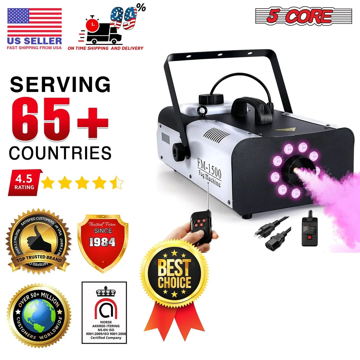 5 Core Fog Machine Indoor Outdoor 1500W 6000CFM Fogger Smoke Machine W LED 2.5 L Tank Remote