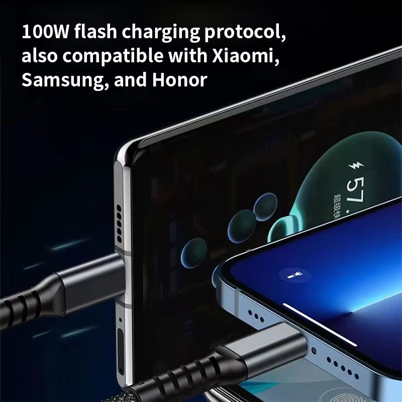 100W 3 in 1 USB Fast Charging Cable Digital Display Universal Braided Charging Cable for Iphone Samsung Xiaomi Oneplus