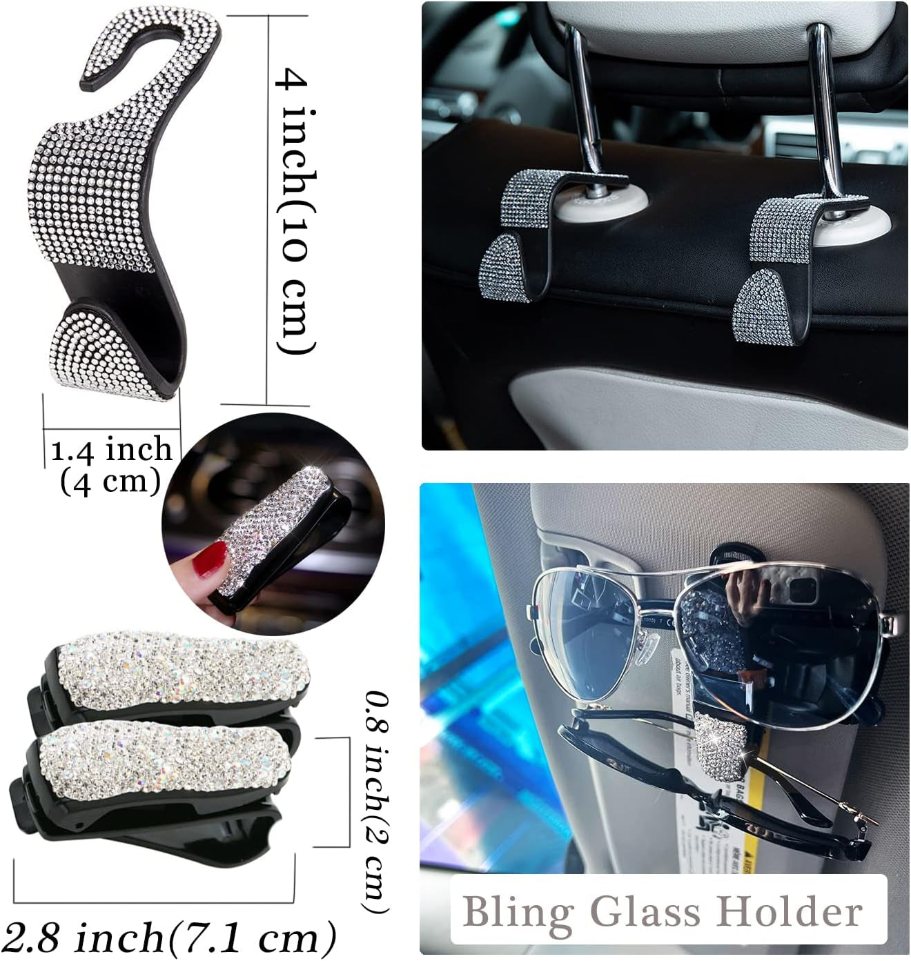 Bling Car Accessories Set 11 PCS,  Rhinestone Car Phone Holder Mount, Bling Seat Hooks, Bling Cup Holder Coasters, Glass Holders, Car Interior Accessories for Women, Girls