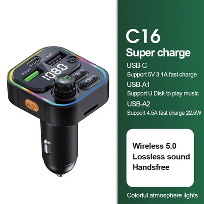 Bluetooth 5.0 FM Transmitter Handsfree Car Radio Modulator MP3 Player with 22.5W USB Super Quick Charge Adapter for Car